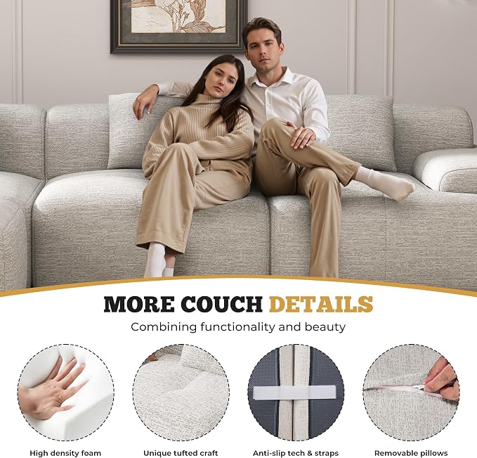 158" U Shaped Boneless Couches for Living Room, 6 Seater Modern Chenille Cloud Couch, Convertible Modular Sectional Sofa Set, No Assembly Required, Beige 1 PCS