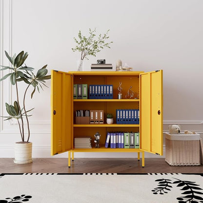 Yellow 3 Tier Metal Storage Cabinet with Legs, Lockable 2 Door Metal Locker, Heavy Duty Multipurpose Accent Storage Cabinet with 2 Adjustable Shelves for Home, Office, Entryway and Hallway