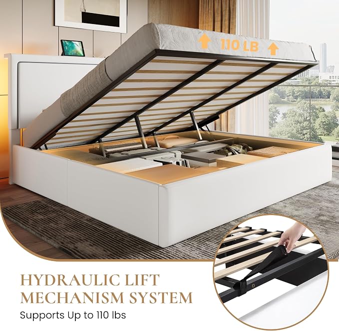 SHA CERLIN King Size Hydraulic Lift-Up Storage Platform Bed Frame with Charging Station, RGB LED Lights, Adjustable Velvet Headboard, USB-A and USB-C Ports, No Box Spring Needed, White