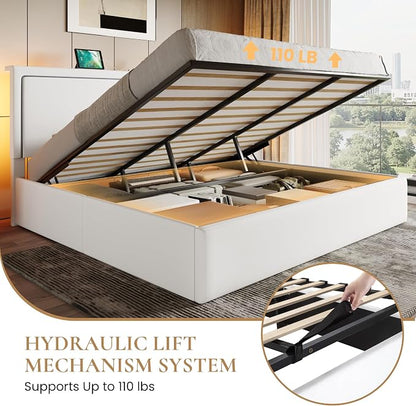 SHA CERLIN King Size Hydraulic Lift-Up Storage Platform Bed Frame with Charging Station, RGB LED Lights, Adjustable Velvet Headboard, USB-A and USB-C Ports, No Box Spring Needed, White
