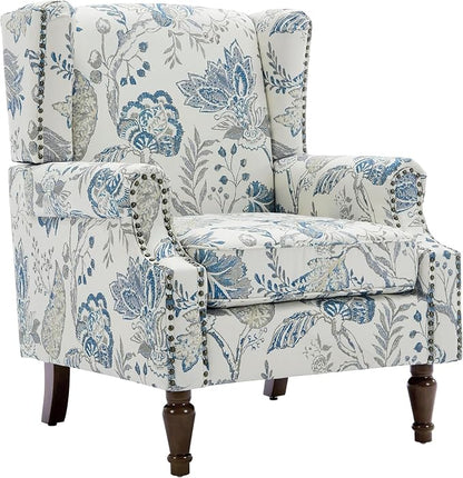 High Back Floral Accent Chairs Set of 2, Upholstered Armchair in Fabric, Retro Printed Wingback Arm Chair for Living Room, Nailhead Trim Single Sofa Bedroom Reading Seat - Plants Blue