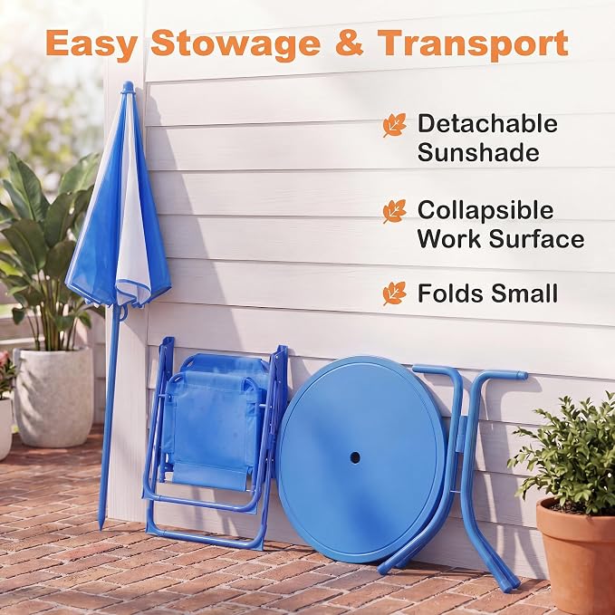 HONEY JOY Kids Picnic Table, Animal Themed Toddler Outdoor Table and Chair Set, 2 Folding Chairs & Removable Umbrella, Children Outdoor Furniture for Backyard Patio Garden (Blue Shark)