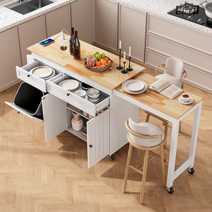 ONBRILL Kitchen Islands with Extendable Dining Table, 81.7" Mobile Kitchen Storage Islands, Rolling Kitchen Cart with Trash Cabinet, Power Outlet, Spice Rack & Towel Rack, White