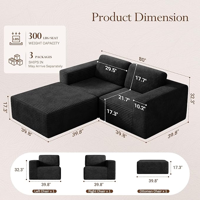 Vesgantti 80" Modular Sectional Sofa, Corduroy Cloud Couch with Deep Seats & Spring Support, Compact 2 Seater Boneless Couch, L-Shaped Modular Sofa for Small Spaces, Apartments, No Assembly, Black