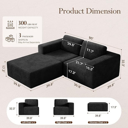 Vesgantti 80" Modular Sectional Sofa, Corduroy Cloud Couch with Deep Seats & Spring Support, Compact 2 Seater Boneless Couch, L-Shaped Modular Sofa for Small Spaces, Apartments, No Assembly, Black
