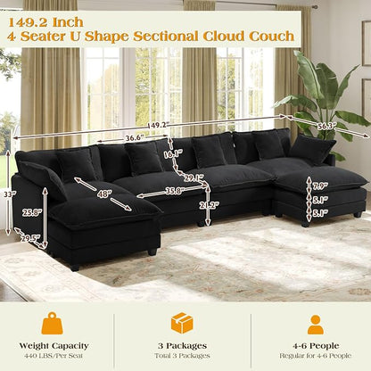 149.2" Modular Sectional Sofa,U Shaped Couch for Living Room,Modern Deep Seat Sofa 3 Seater Chenille Fabric Comfy Cloud Couches with Throw Pillows & Movable Ottoman