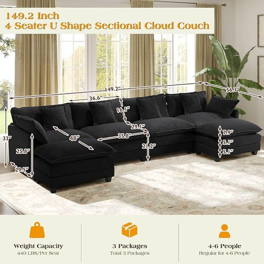 149.2" Modular Sectional Sofa,U Shaped Couch for Living Room,Modern Deep Seat Sofa 3 Seater Chenille Fabric Comfy Cloud Couches with Throw Pillows & Movable Ottoman