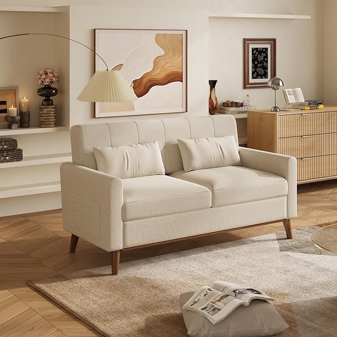 WLIVE 62" Loveseat Sofa, Mid Century Modern Small Couches for Living Room, Button Tufted Upholstered Couch for Bedroom, Solid Wood Frame, Easy to Install Furniture, Beige