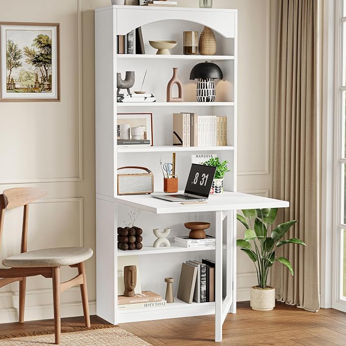 Einhomn Folding Desk with Storage, Space-Saving Foldable Convertible Writing Table, Wall Mount Fold Out Computer Desk for Home Office, Craft Room, Living Room, Bedroom, White