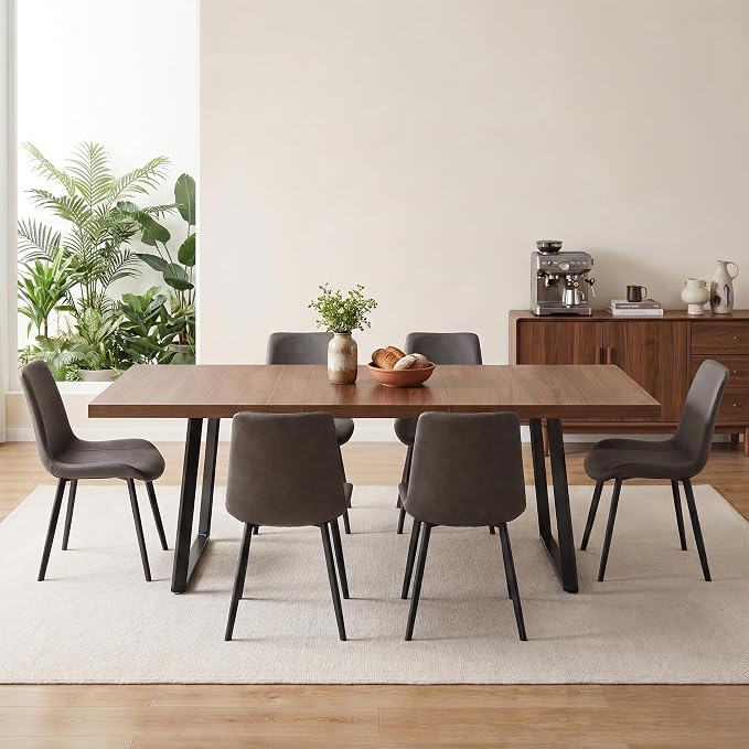 ZckyCine 7‑Piece Dining Set for 6,70.87‑Inch Table with 6 PU‑Leather Chairs, Thick Tabletop & Metal Frame for Apartment