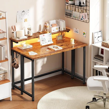 Folding Table with RGB Light for Small Space, 31.5" Folding Computer Desk for Space Saving Sofa Table for Couch, Home Work Office Desk with Monitor Stand, Easy to Fold with Hooks,Rustic Brown