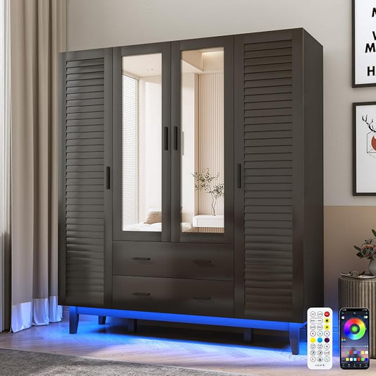 Hlivelood 4 Door Armoire Wardrobe Closet Cabinet with Drawers and LED Lights, Multi-Tier Shelves, Hanging Rod & 4 Louver Doors, Large Capacity Storage Wardrobe Armoire for Bedroom, Black