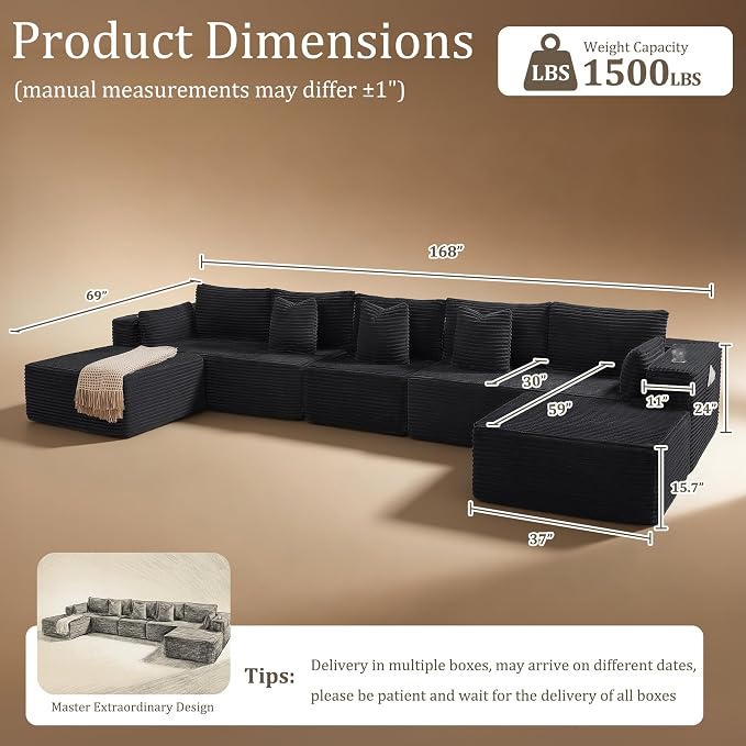 168" Cloud Sectional Couch, Comfort U Shaped Sofa for Living Room, Extra Deep Seats No Assembly, Minimalist Modular Couch, Corduroy (Black, 7 Seats,U-Shape A)