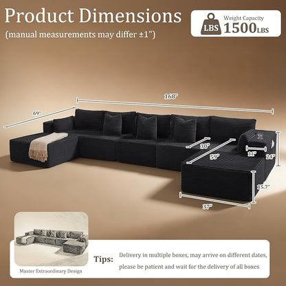 168" Cloud Sectional Couch, Comfort U Shaped Sofa for Living Room, Extra Deep Seats No Assembly, Minimalist Modular Couch, Corduroy (Black, 7 Seats,U-Shape A)