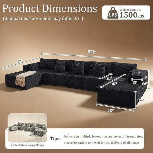 168" Cloud Sectional Couch, Comfort U Shaped Sofa for Living Room, Extra Deep Seats No Assembly, Minimalist Modular Couch, Corduroy (Black, 7 Seats,U-Shape A)