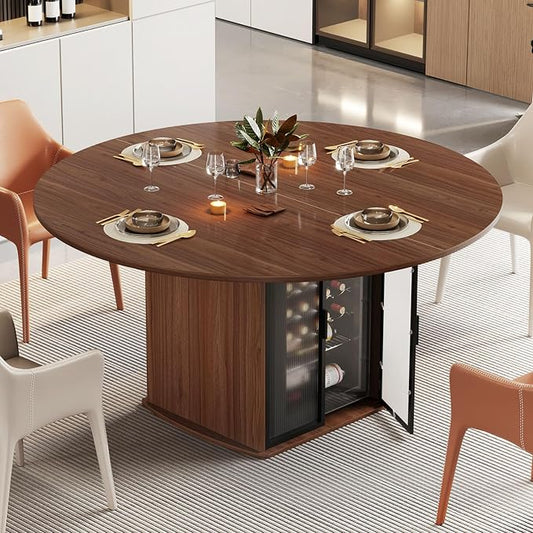 IBF 47" Round Dining Table for 4-6, Circle Kitchen Table with Storage Shelf, Circular Dining Room Tables with Fridge Space, Wood Dinner Tables for Home Kitchen, Walnut (Only Table)