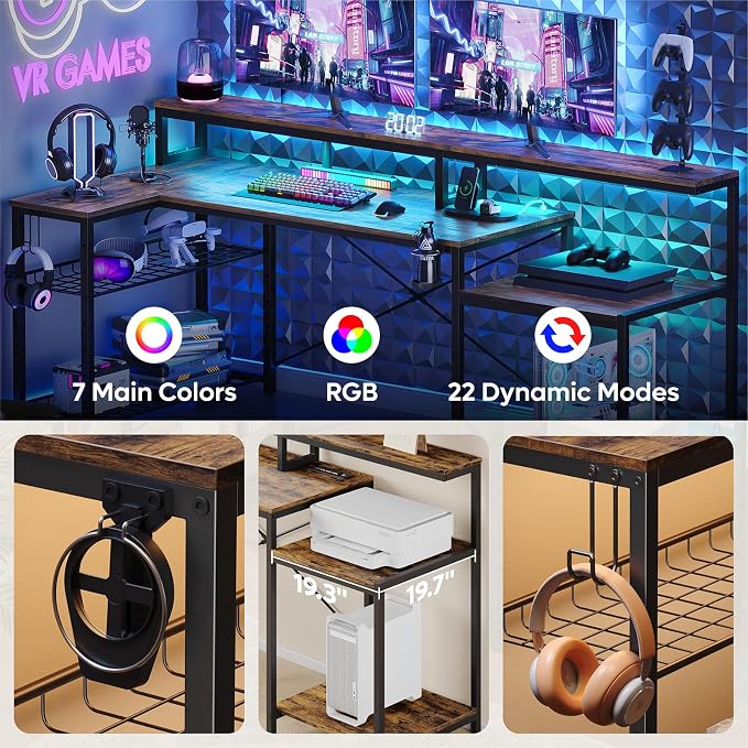 Bestier 71.5 inch Computer Desk with Power Outlets, L Shaped LED Home Office Desk with Long Monitor Stand, Large Corner Desk with Storage Shelf, Cup Holder & Headset Hooks, Modern Simple Table | Printer Shelf, Adjustable Metal Grid, Adjustable Monitor ...