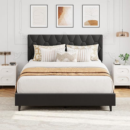GAOMON Grey Full Bed Frame with Upholstered Headboard,Heavy-Duty Platform Bed Frame with Strong Wood Slats, No Box Spring Needed/Easy Assembly/Noise Free