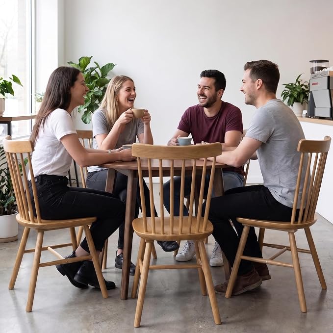 AreShark Windsor Dining Chairs, Farmhouse Wooden Dining Room Chairs, Solid Wood Kitchen Chairs with Spindle Back Set of 4, Natural Wood