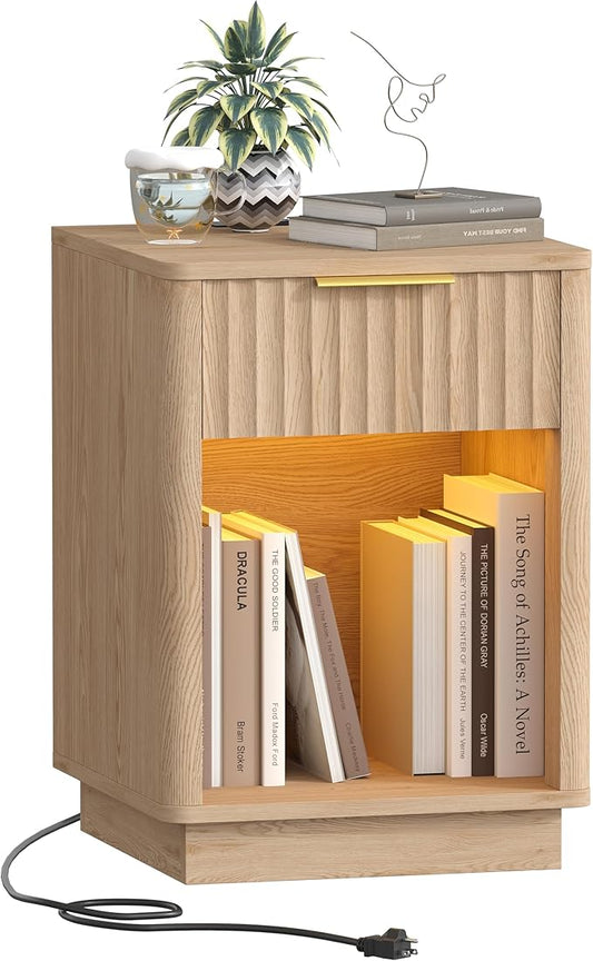 Akxomel Fluted Nightstand, Wooden Night Stand with Charging Station and LED Light, Modern Mid Century End Table with Drawer, 15" D x 15.7" W x 22.6" H, for Bedroom, Natural Oak