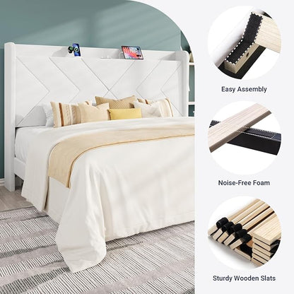 Allewie King Size Platform Bed Frame with Charging Station and Storage Shelf/Upholstered Velvet Wingback Headboard/Wooden Slats Support/No Box Spring Needed/Easy Assembly, White