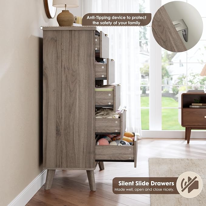 GarveeHome Fluted Dresser for Bedroom with 5 Deep Drawers, 47.2 in Tall Chest of Drawers, Curved Profile Design, Modern Wooden Dresser, for Living Room, Kids Room, Hallway, Grey