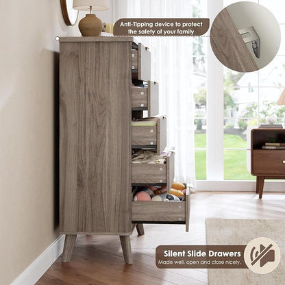 GarveeHome Fluted Dresser for Bedroom with 5 Deep Drawers, 47.2 in Tall Chest of Drawers, Curved Profile Design, Modern Wooden Dresser, for Living Room, Kids Room, Hallway, Grey
