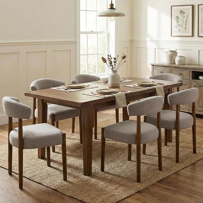 VKNOW Wooden Dining Chairs Set of 6, Modern Upholstered Dining Room Chairs with Walnut Wood Legs and Curved Backrest, Fabric Kitchen Chairs for Farmhouse/Living Room/Dining Room, Brown