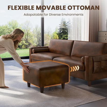 Vesgantti 100" Faux Leather Sofa with Movable Ottoman, Wide Seating L Shaped PU Leather Couch with Side Pocket, Comfy Mid Century Modern Modular Sectional Sofa for Living Room, Office, Cocoa