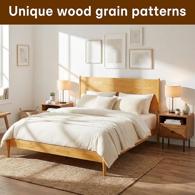 Acacia Haven Queen Bed Frame and Headboard, Solid Wood Platform Bed Frame Scandinavian Compatible with All Mattress Types, Wood Slats Support 800lbs Capacity, Quick & Easy Assembly, Natural Oak