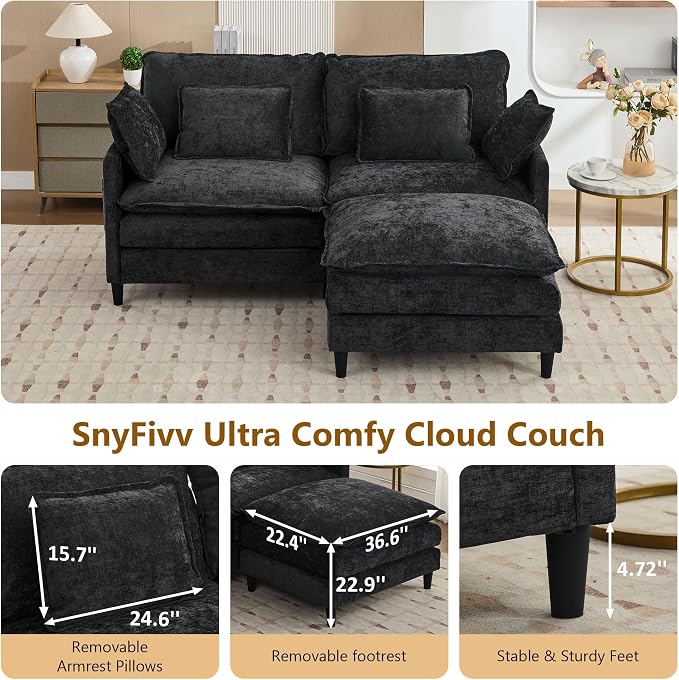 75.3" Chenille Modular Sectional Sofa, Convertible L Shaped Modular Sofa Comfy Cloud Couch with Ottoman, Side Pockets and 4 Throw Pillows for Living Room, Black, 3 Seats