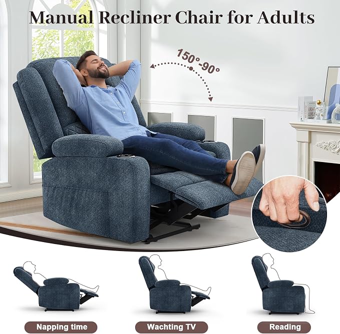 Yolsali Loveseat Recliner Sofa Set with 2-Tier Cushion, 2+1+1 Pieces in Living Room, 2 Seater Reclining Loveseat Velvet Fabric with Removable Console, 2 Oversize Recliner Chair Sofa Seat - Blue
