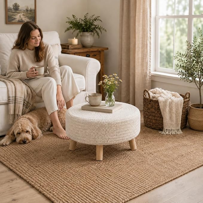 Wimarsbon Pouf Ottoman, 100% Cotton Knitted Boho Footstool, Round Footrest with Non-Skid Wood Legs, Home Décor Handmade Pouffe, Leisure Floor Step Stool for Living Room (20" White)