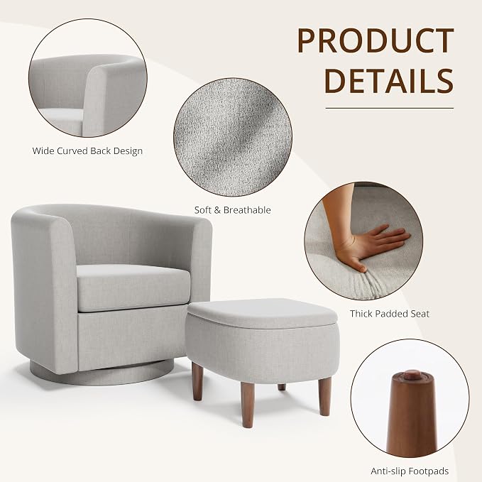 Swivel Accent Chair with Storage Ottoman, Small Modern Linen Barrel Chair, Upholstered Armchair with Footrest for Living Room/Reading/Bedroom, 24.8'' D x 25.38'' W x 25.6'' H, White