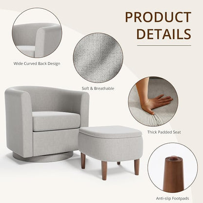 Swivel Accent Chair with Storage Ottoman, Small Modern Linen Barrel Chair, Upholstered Armchair with Footrest for Living Room/Reading/Bedroom, 24.8'' D x 25.38'' W x 25.6'' H, White