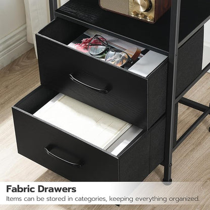 HOOBRO Nightstand with Charging Station, Bedside Table with LED Lights and 2 Fabric Drawers, End Table with 2 AC Outlets and USB Port, Small Night Stand for Bedroom, Black BB118UDBZ01