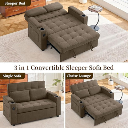 Korser 55.5'' 3-in-1 Convertible Sofa Bed, Pull Out Couch with 5-Position Adjustable Backrest, Loveseat Sleeper Sofa for Small Spaces, Sofa Couch with Cup Holders for Living Room, Office, Chenille