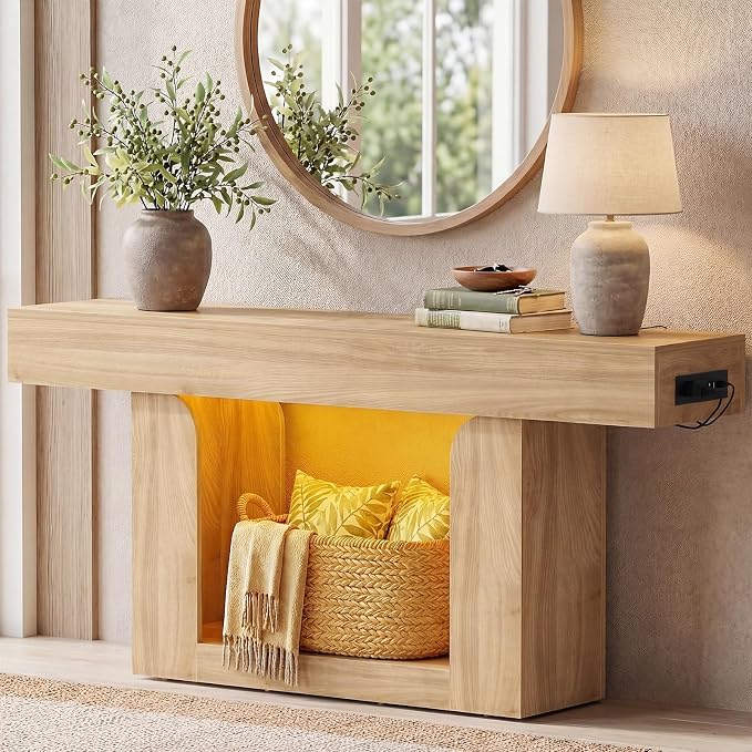 Homieasy Console Table, 63" Entryway Table with LED Lights & Charging Station, Farmhouse Wooden Sofa Table Behind Couch, Narrow Hallway Table for Living Room, Foyer, Entry, Natural Oak