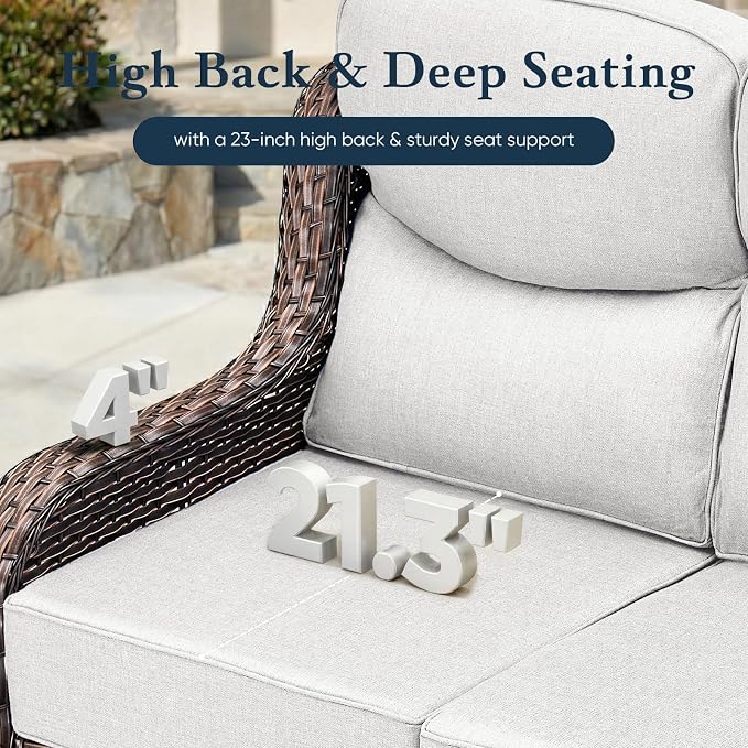 Belord Luxury 6" Thick Cushioned PE Wicker 3-Seater Outdoor Couch, All-Weather Comfortable Modern Patio Sofa, High Back Deep Seat Woven Outdoor Furniture for Porch Balcony, Lawn, Deck - BrownBeige