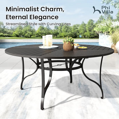 PHI VILLA 9 Pieces Outdoor Dining Set for 8, 67" Black Round Metal Table with Umbrella Hole & Stackable Wrought Iron Chairs, Large Outside Furniture Set for Patio, Deck, Yard, Porch