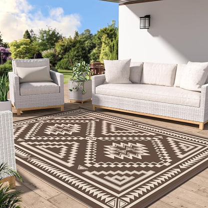 GENIMO Outdoor Rug for Patio Clearance - 9x12 ft Waterproof Plastic Camping Rugs, Reversible Outside Rv Mat Carpet for Porch, Deck, Picnic, Balcony, Beach, Backyard, Coffee Beige