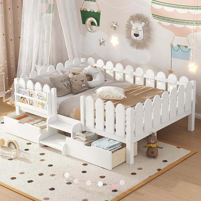 Bellemave Full Size Montessori Bed with Stairs, Lights, Rails and Slats, Full Size Montessori Floor Bed with Bookshelf and 2 Storage Drawers, Easy Assemble Beds Frame for Girls, Boys, White
