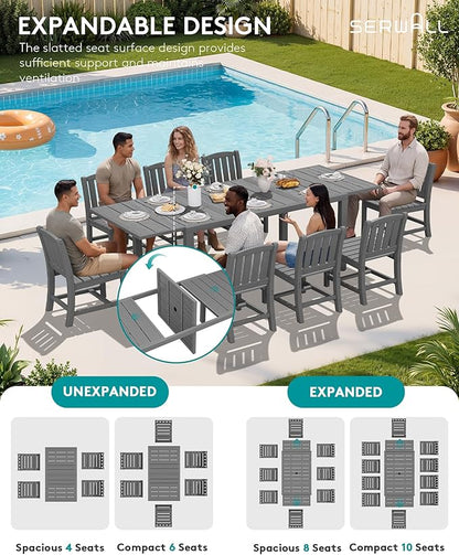 SERWALL Outdoor Patio Dining Set for 8, Grey | 60" - 83" Expandable Outdoor Dining Table and 8 HDPE Chairs, All Weather Material Outdoor Furniture Set Backyard, Garden