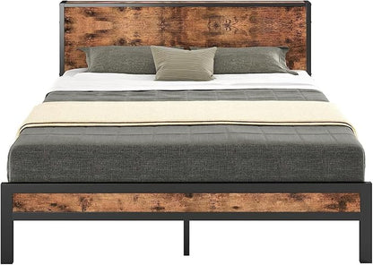 DUMEE King Bed Frame with Wood Storage Headboard, Metal Platform Bed Frames King Size, No Box Spring Needed, Noise Free, Black & Vintage Brown