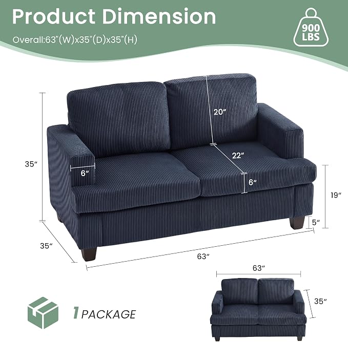 YOUDENOVA Sofa, 3 Piece Set Comfy Sofa, Loveseat & 2 3-Seater Couch with Deep Seats for Living Room, Modern Sleeper Couch, Blue Corduroy