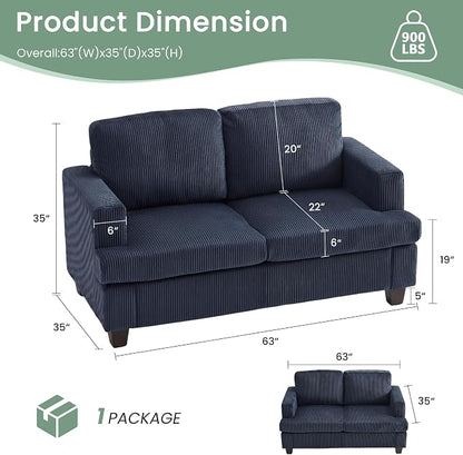 YOUDENOVA Sofa, 3 Piece Set Comfy Sofa, Loveseat & 2 3-Seater Couch with Deep Seats for Living Room, Modern Sleeper Couch, Blue Corduroy