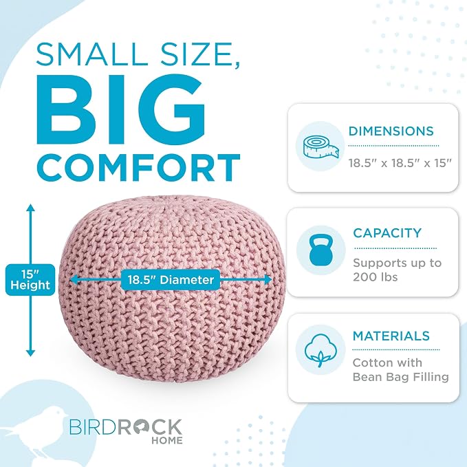 BIRDROCK HOME Round Pouf Ottoman Foot Rest - 18.5”x18.5”x15” Boho Compact Comfortable Soft Cotton Braided Foot Stool with Bean Bag Filling for Living Room, Bedroom, or Nursery (Dusty Rose)
