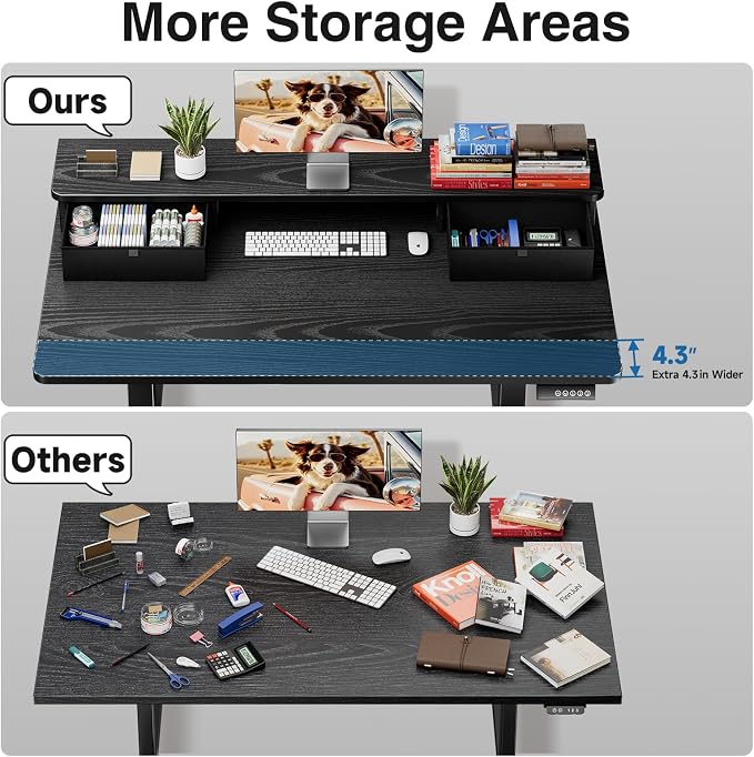 Veken 55x26 in Electric Standing Desk with Drawers, Adjustable Table, Black | Stand up Computer Desk for Home Office, Work & Study, with Storage, 3 Memory Presets, Cable Organizer, Hook, and Quiet Lift.
