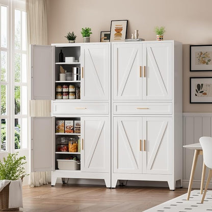 Metal Storage Cabinets with Drawer, 71" Filing Cabinet with 4 Adjustable Shelves & 4 Doors, Modern Abstract Rhombus Geometric Design File Cabinet for Home,Office,Garage,Shop,School, White