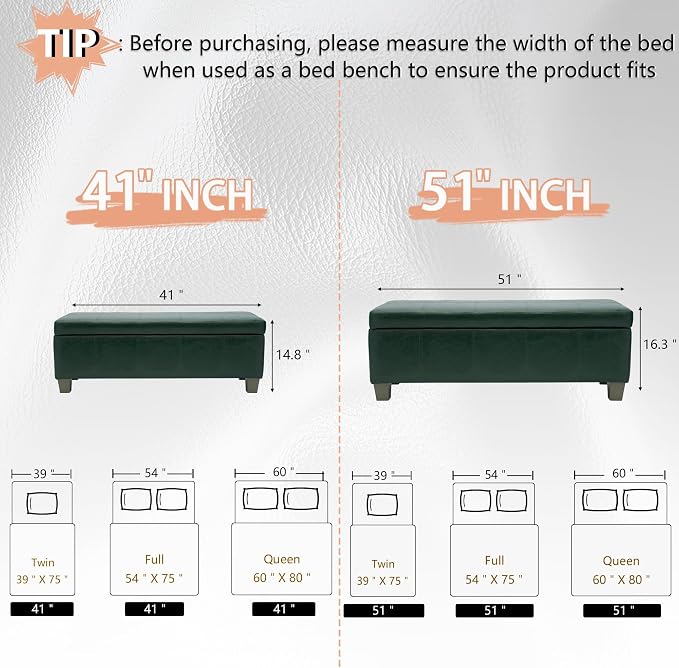 51 Inch Storage Ottoman, Storage Bench with Safety Hinge, Upholstered Synthetic Leather Ottoman Bench for Bedroom, Living Room, Entryway, Hallway, Foot Rest, Support 500lbs